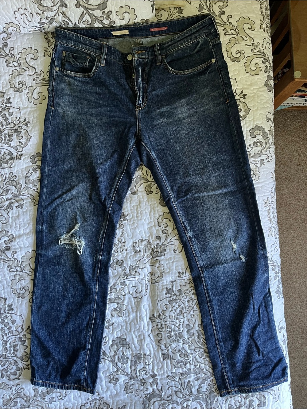 Pilcro Women's Dark Blue Distressed Boyfriend Jeans